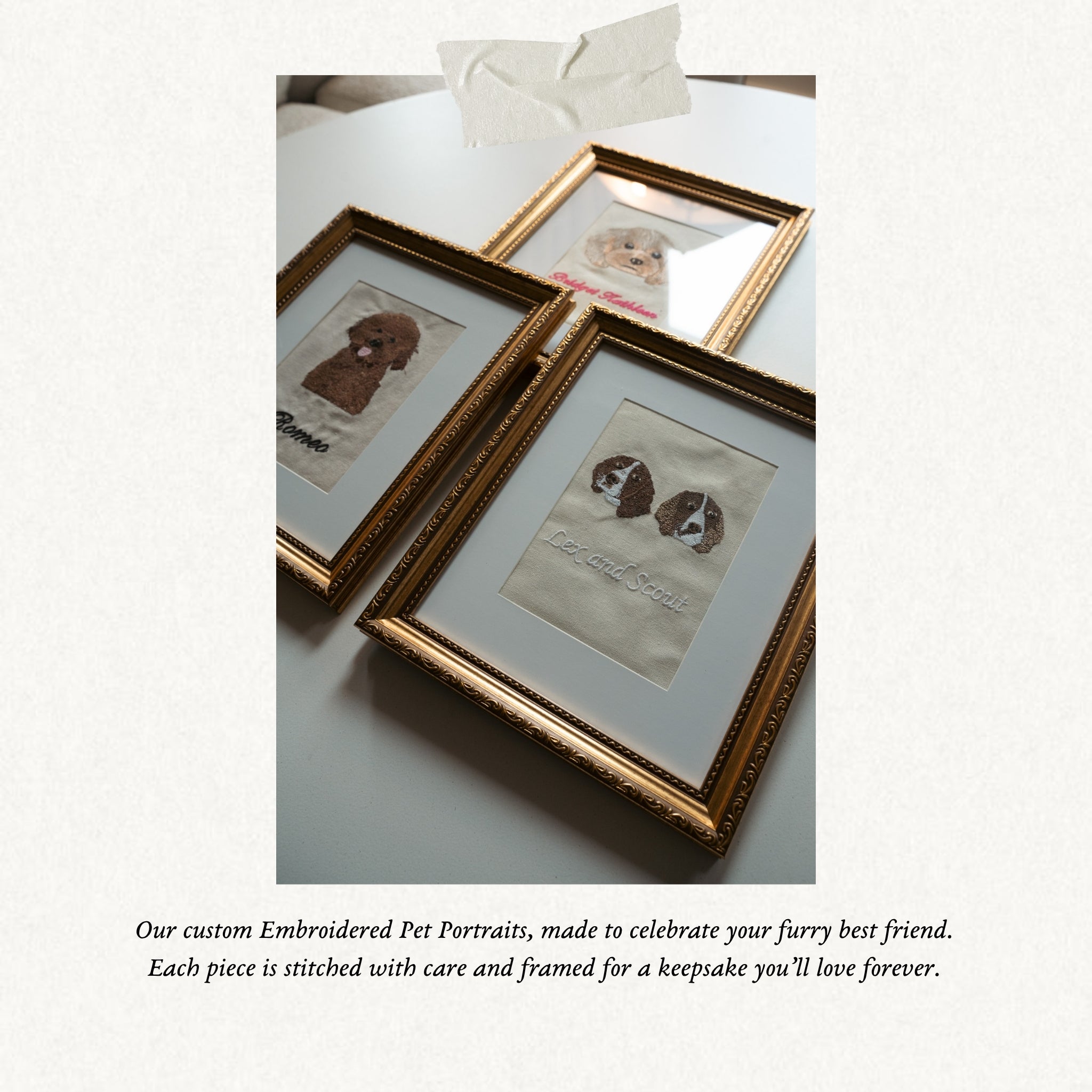 Multiple picture frames with embroidered dog photos