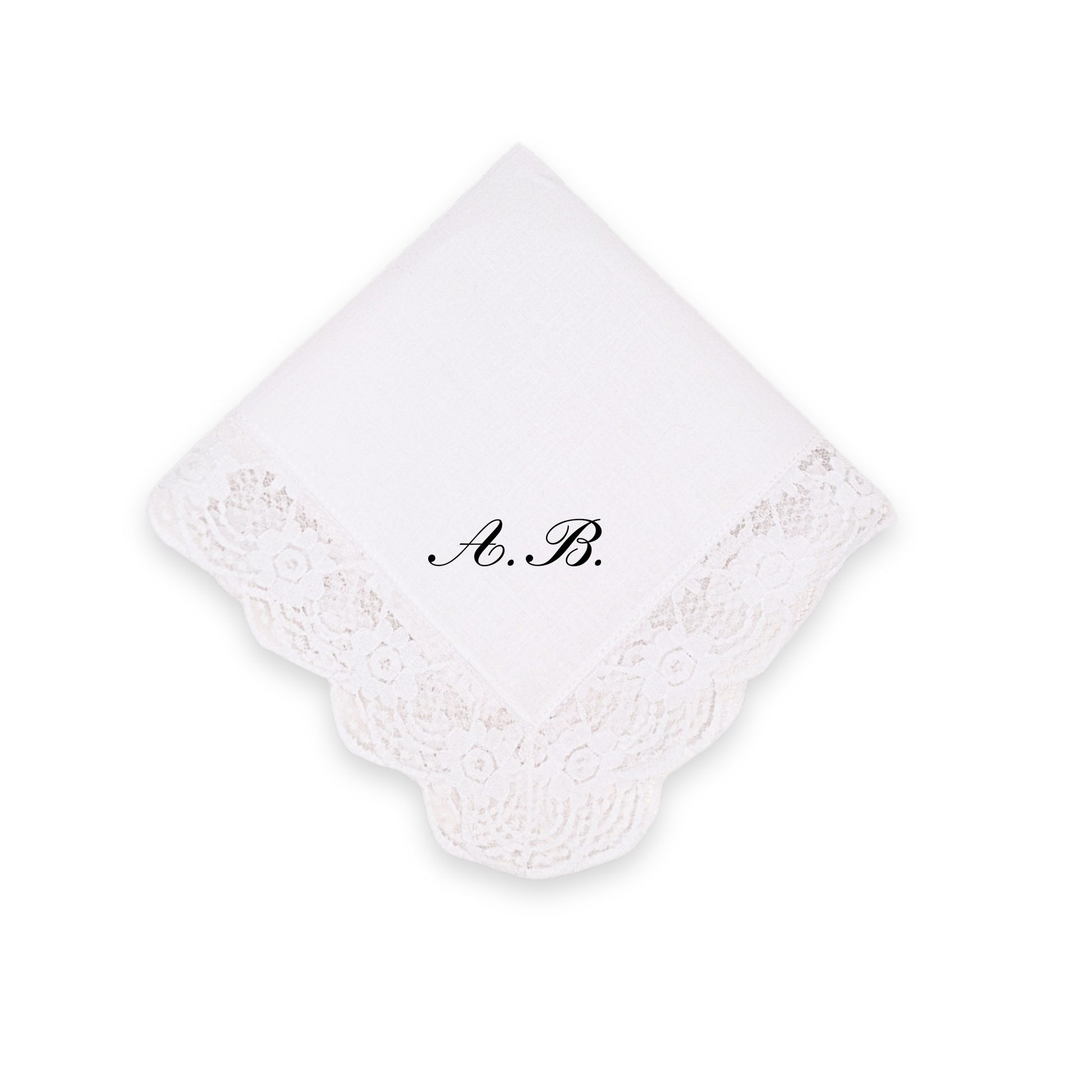 Elegant white linen handkerchief with lace trim and personalized monogram 'A.B.' for special occasions.