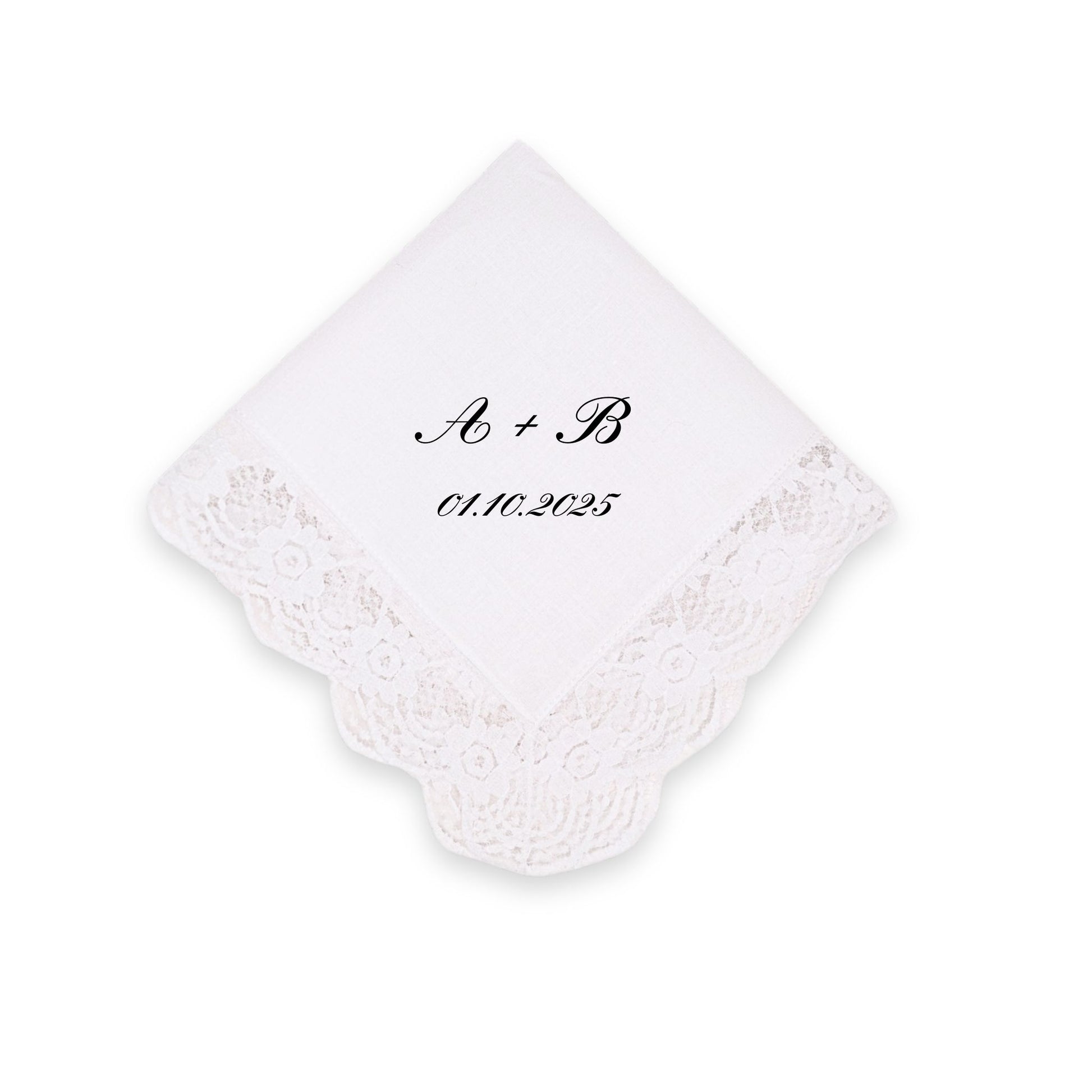 Personalized white lace wedding handkerchief with initials A + B and date 01.10.2025.