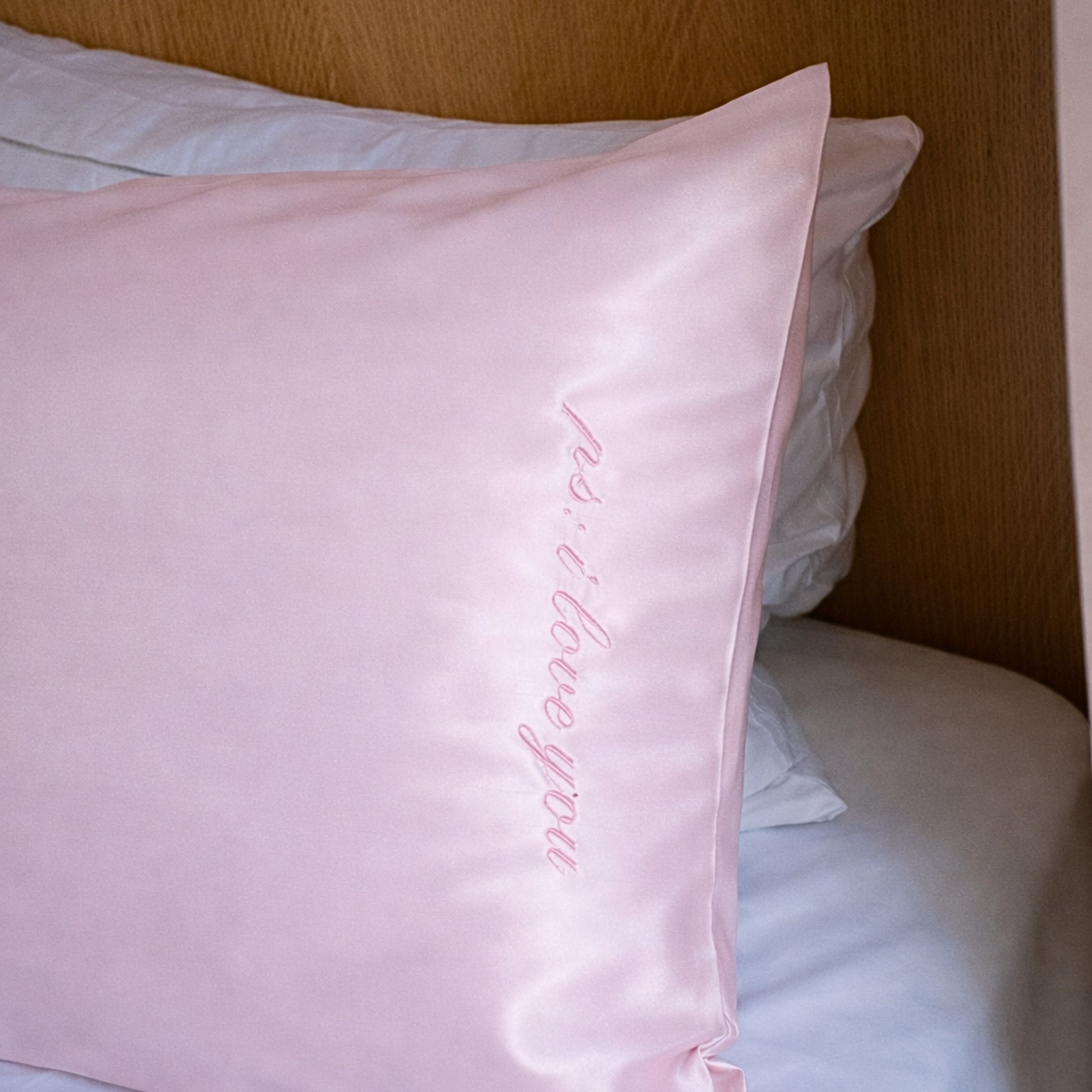 Pink “P.S. I Love You” Embroidered Silk Pillowcase