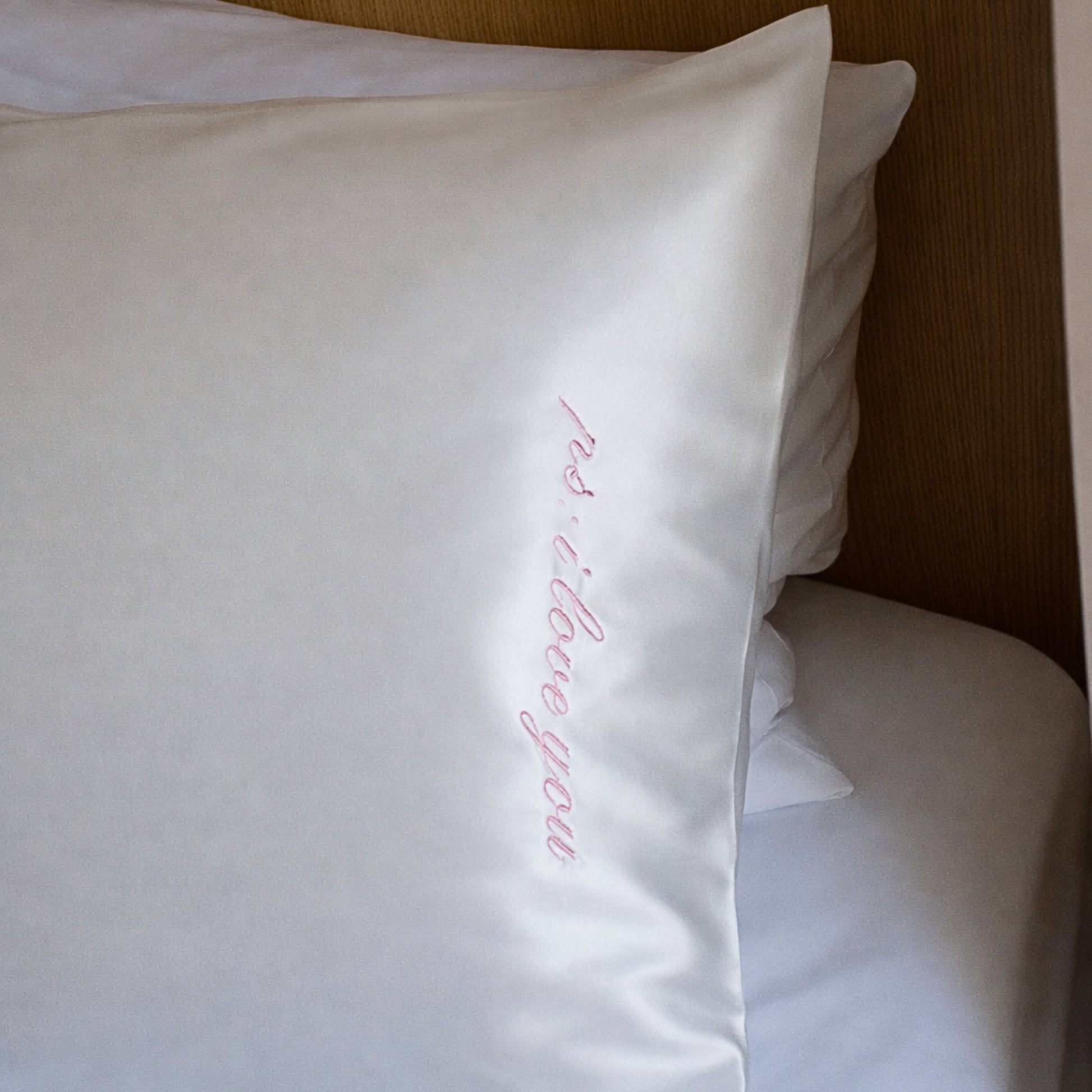 White “P.S. I Love You” Embroidered Silk Pillowcase